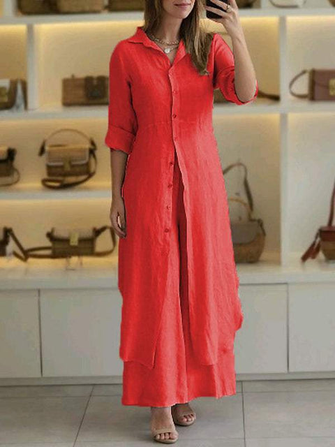 Elegantes Set aus eng anliegendem Langarmhemd und Hose aus Baumwolle und Leinen mit weitem Bein, m301063 