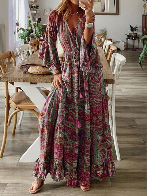 Bohemian Urlaubskleid mit ausgestellten Ärmeln, V-Ausschnitt und hoher Taille, bedruckt, m300709 
