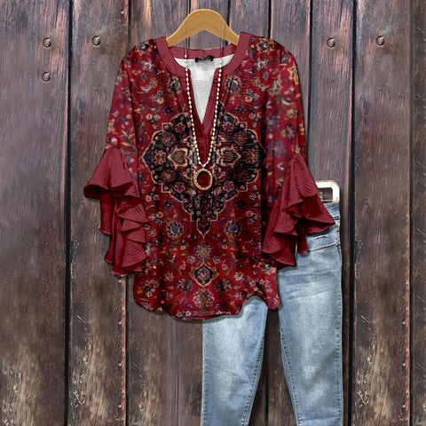 Kreativer Digitaldruck mit Blumenelementdruck, lässiger Trend, V-Ausschnitt, Lotuskante, T-Shirt m301352 