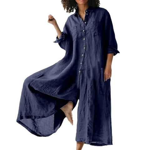 Long-sleeved medium and long cotton and linen shirt jumpsuit women's m302949