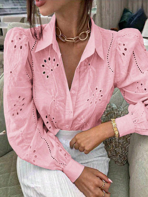 New single-breasted solid color embroidery loophole long-sleeved lapel shirt women's upper m301024