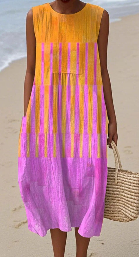 Summer sleeveless pocket casual print temperament long dress dress m302454