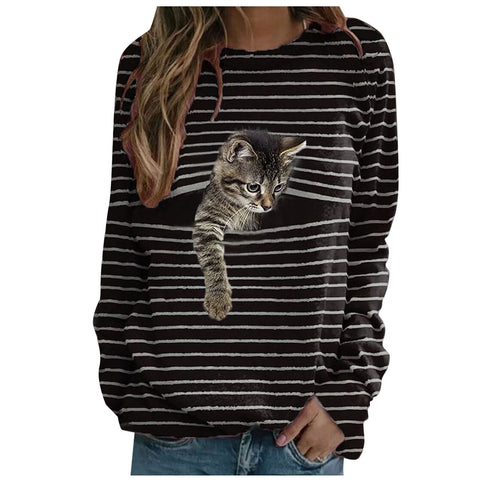 T-shirt décontracté à manches longues et imprimé chat, haut rayé m300513 