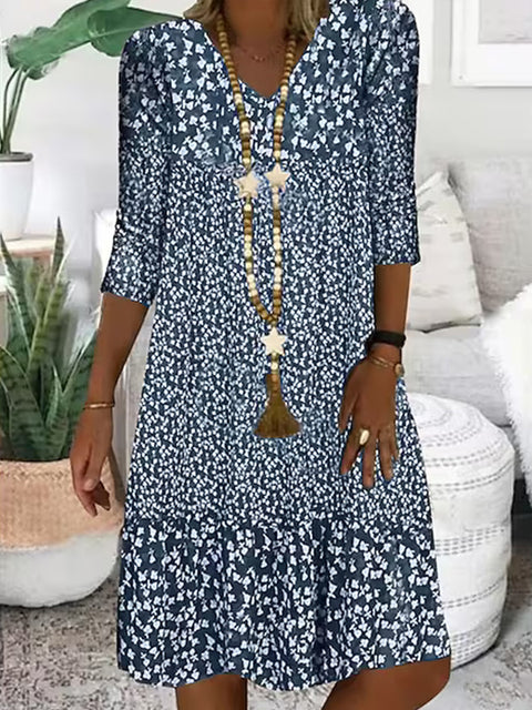 Sommerkleid mit V-Ausschnitt und bedruckten Ärmeln m300063 