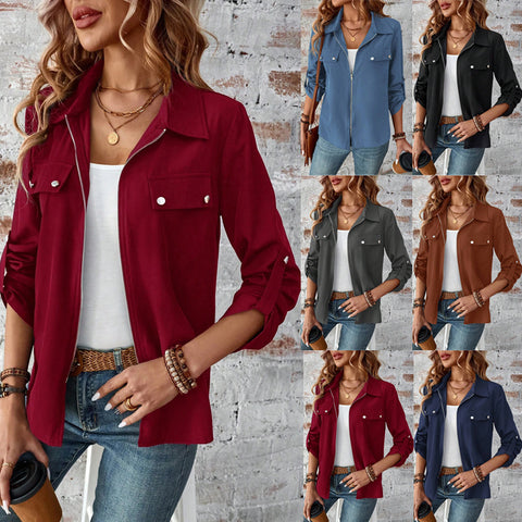 lapel zipper cardigan purse hat solid color long sleeve jacket m300675