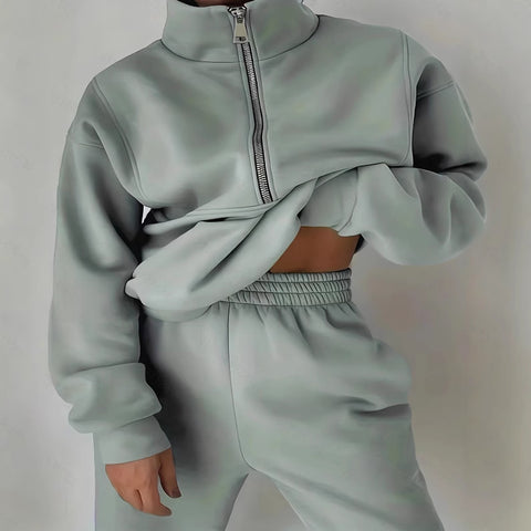 Casual sports home loose and comfortable zipper fleece knitted sweater sweatpants two-piece women's clothing m301654