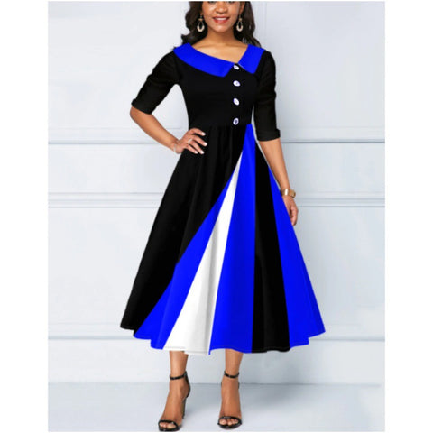 Langes Kleid mit 3D-gedrucktem Pendel und Fünfviertelärmeln und Knopfverzierung, m300864 