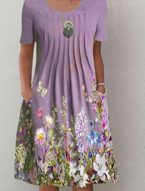 Robe mi-longue à imprimé floral, col rond, poches, printemps/été, pour femme, m300037 