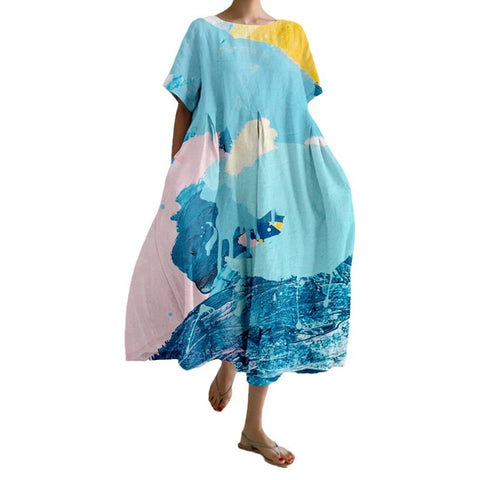Linglong Leinen Kurzarm Damenkleid M300183 