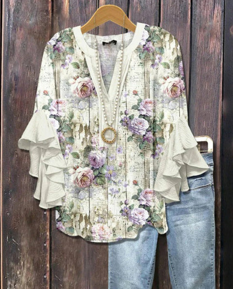 Digital printing casual trend V-neck lotus edge T-shirt women's m302725-2