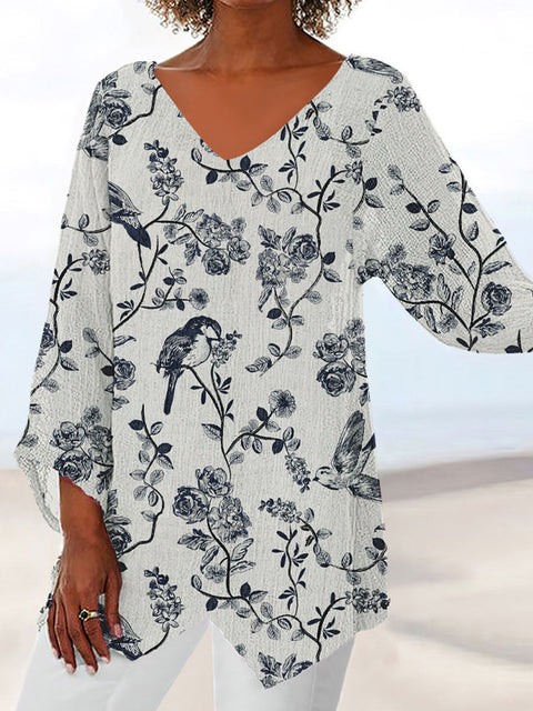T-shirt ample à manches 3/4 et col en V pour femme, imprimé animalier et paysage naturel, m301289 