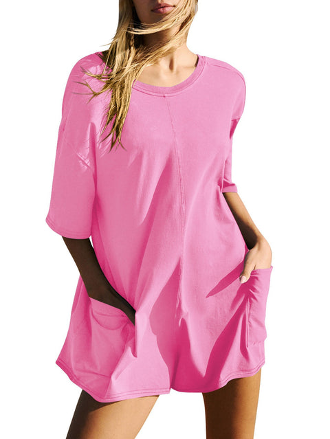 Combinaison ample décontractée à manches courtes et dos nu pour femme, col en V, poches M300225 