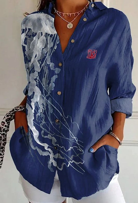 3D digital printing abstract pattern women's long-sleeved buckle linen shirt m302749-03