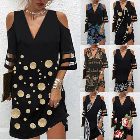 Kleid mit V-Ausschnitt, Positionierung, Blumen-Netznähten und halblangen Ärmeln M300180 