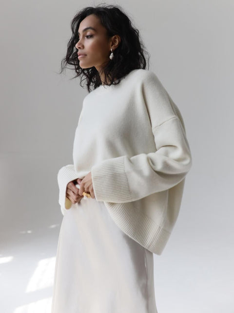 Women's knitted sweater crew neck solid color loose sweater m300667