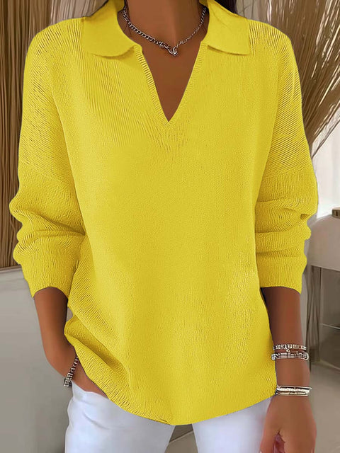 Digital printing women's lapel neck long-sleeved solid color knitted fleece sweater m302076