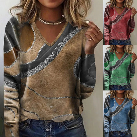 Herbst- und Wintermode mit V-Ausschnitt und bedrucktem Langarm-T-Shirt m300553 