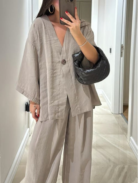 Fashion casual suit V-neck one-button loose long-sleeved top high-waisted trousers two-piece set m301966