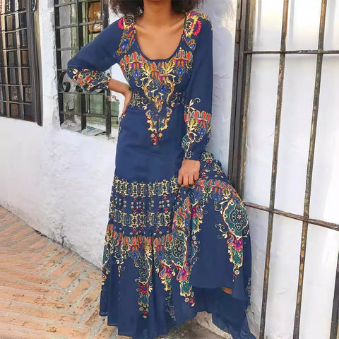 Temperament elegantes Langarmkleid Herbstdruck U-Ausschnitt Strandurlaubsstil langes Kleid m300927 