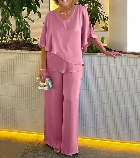 Set Solid color V-neck irregular hem casual set m301319
