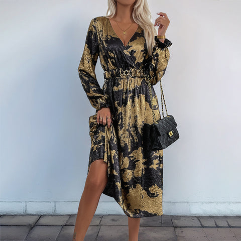 Temperament v-ausschnitt mit langen ärmeln A-pendel bronzing kleid herbst frauen high-end-m300808 