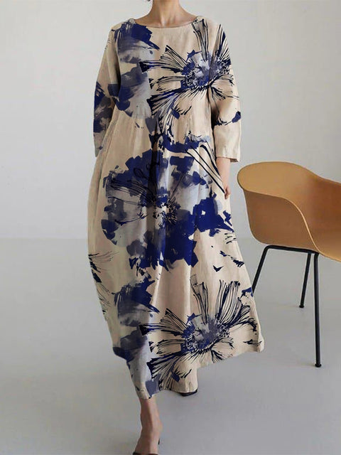 Robe ample à col ras du cou et manches longues imprimée haut de gamme m301044