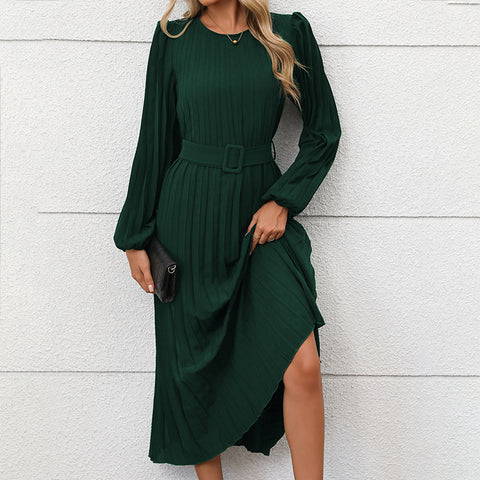 Kleid Langarm Plissee Rundhals Hohe Taille Langes Kleid Damen m300809 