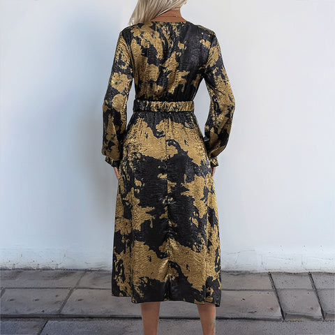 Temperament v-ausschnitt mit langen ärmeln A-pendel bronzing kleid herbst frauen high-end-m300808 
