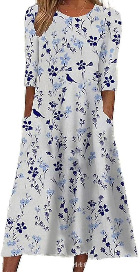 Robe longue décontractée à col ras du cou et manches courtes pour femme, imprimé 3D, taille plissée, style trapèze, m301299 
