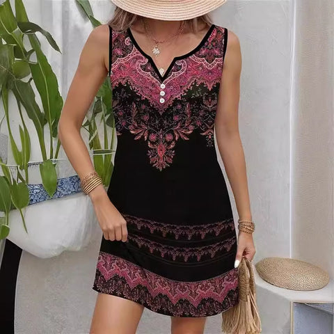 Robe sans manches à bretelles imprimée, décontractée, col en V, boutons, m300105 