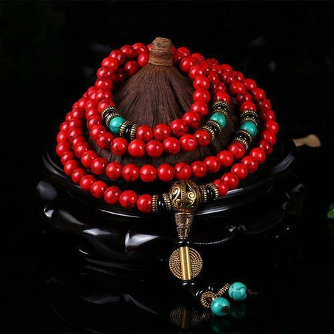 Original 108 Buddha-Perlen, Rot-Türkis-Armband, lose Perlen, Ethno-Stil, Damen-Armband, China, rote Buddha-Perlen, Rosenkranz-Armband m3331233