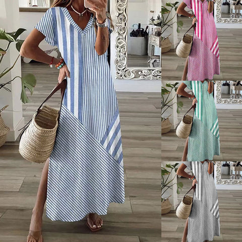Kleid mit V-Ausschnitt und Schlitz und Streifenmuster m301462 