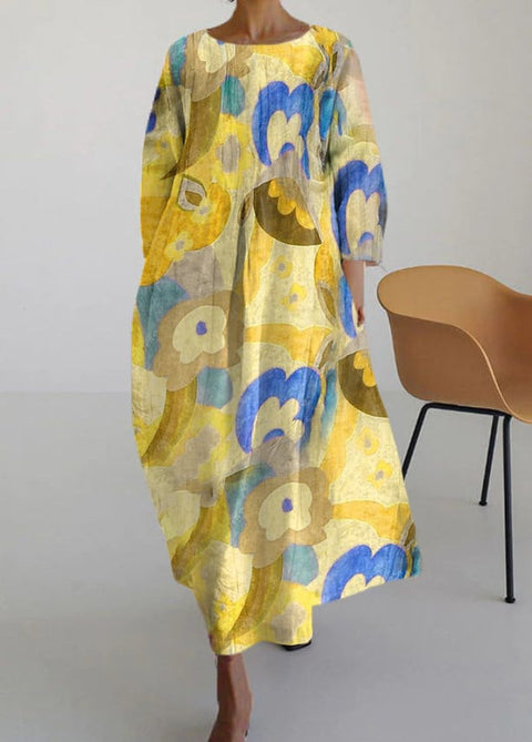 Robe ample à col ras du cou et manches longues imprimée haut de gamme m301044