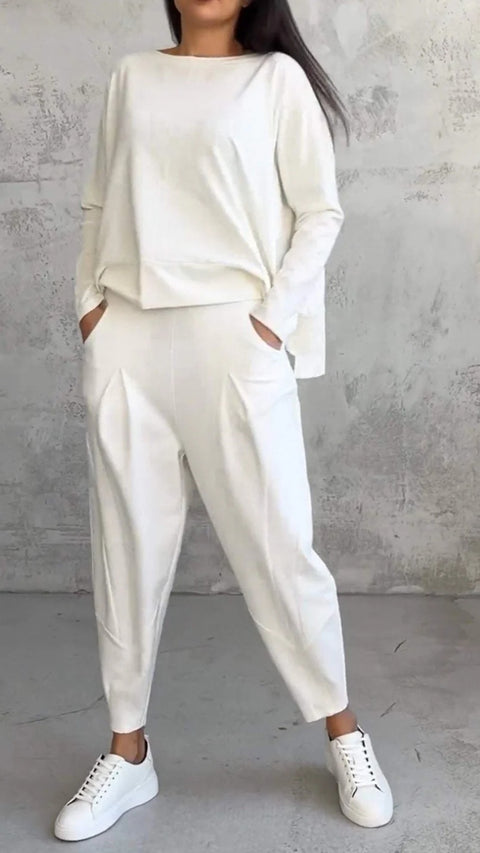 Women's solid color round neck long-sleeved suit women's pocket pants trousers m301510