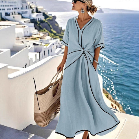 V-neck women's fashion elegance commuter ladies printed striped dress print ladies print ladies m302355