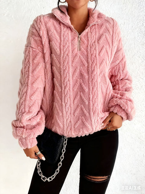 Double-sided plush latte casual zipper pullover top m302162