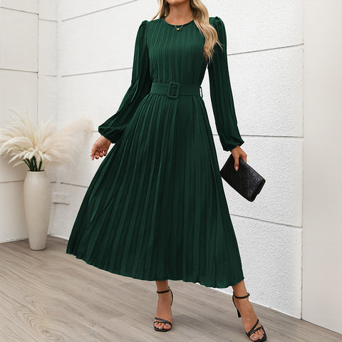 Kleid Langarm Plissee Rundhals Hohe Taille Langes Kleid Damen m300809 