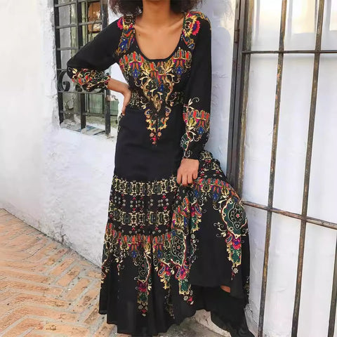 Temperament elegantes Langarmkleid Herbstdruck U-Ausschnitt Strandurlaubsstil langes Kleid m300927 