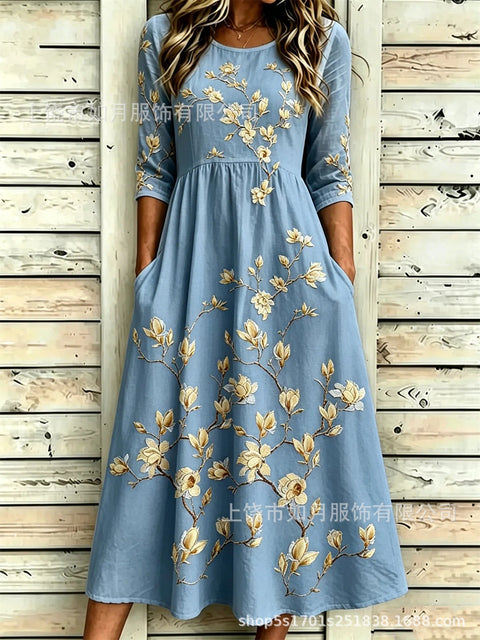 New digital short-sleeved printed women's 7-point sleeve casual dress m303012