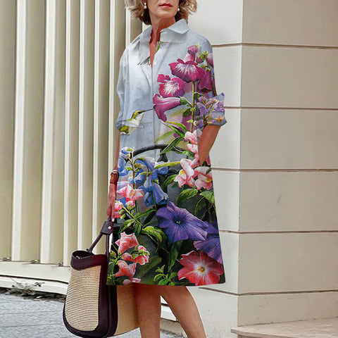 Sanfter Wind, florales 3D-Digitaldruck, einreihiges Hemdkleid mit offenen Knöpfen, m300914 