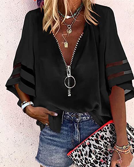 Chemise ample décontractée à col en V et manches mi-évasées avec fermeture éclair et maille pour femme M300887 