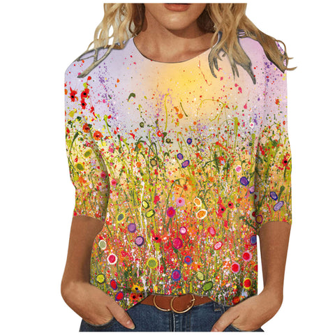 Damenbekleidung Rundhals 3/4 Ärmel Lose Print T-Shirt M300227 