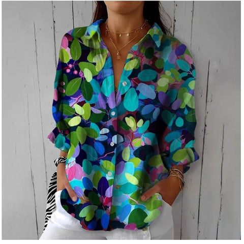 3D digital printing abstract pattern women's long-sleeved buckle linen shirt m302749-03