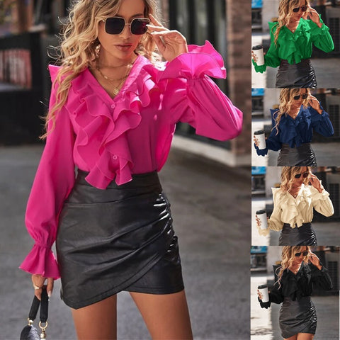 Chemise élégante à col en V et bords volantés pour femme m300992 