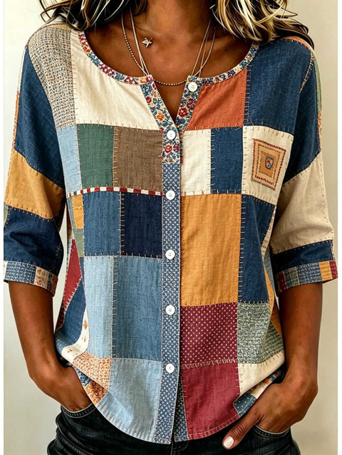 Women's Top Printed Casual Short Sleeve Collarless Shirt m303047