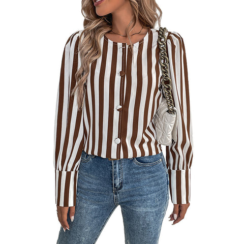 V-Ausschnitt Einreiher Strickjacke gestreift kontrastierend Langarm Damen Shirt m300818 