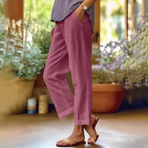 Cotton and linen loose solid color elastic waist pocket straight casual pants m301571