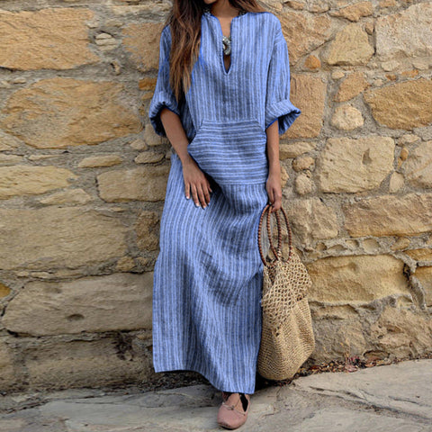 New cotton and linen dyed striped loose dress m302470