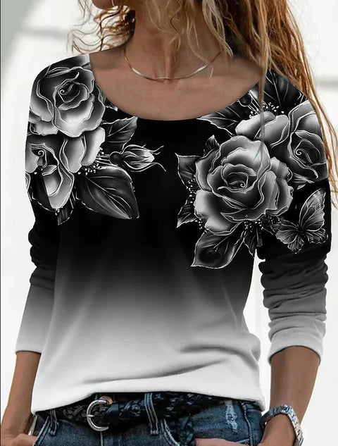 Langärmliges, lockeres, lässiges Pullover-T-Shirt mit Rundhalsausschnitt und 3D-Druck für Damen m300857 