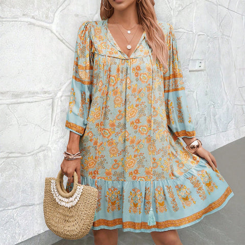 Robe ample décontractée à col en V et imprimé à lacets m300870 